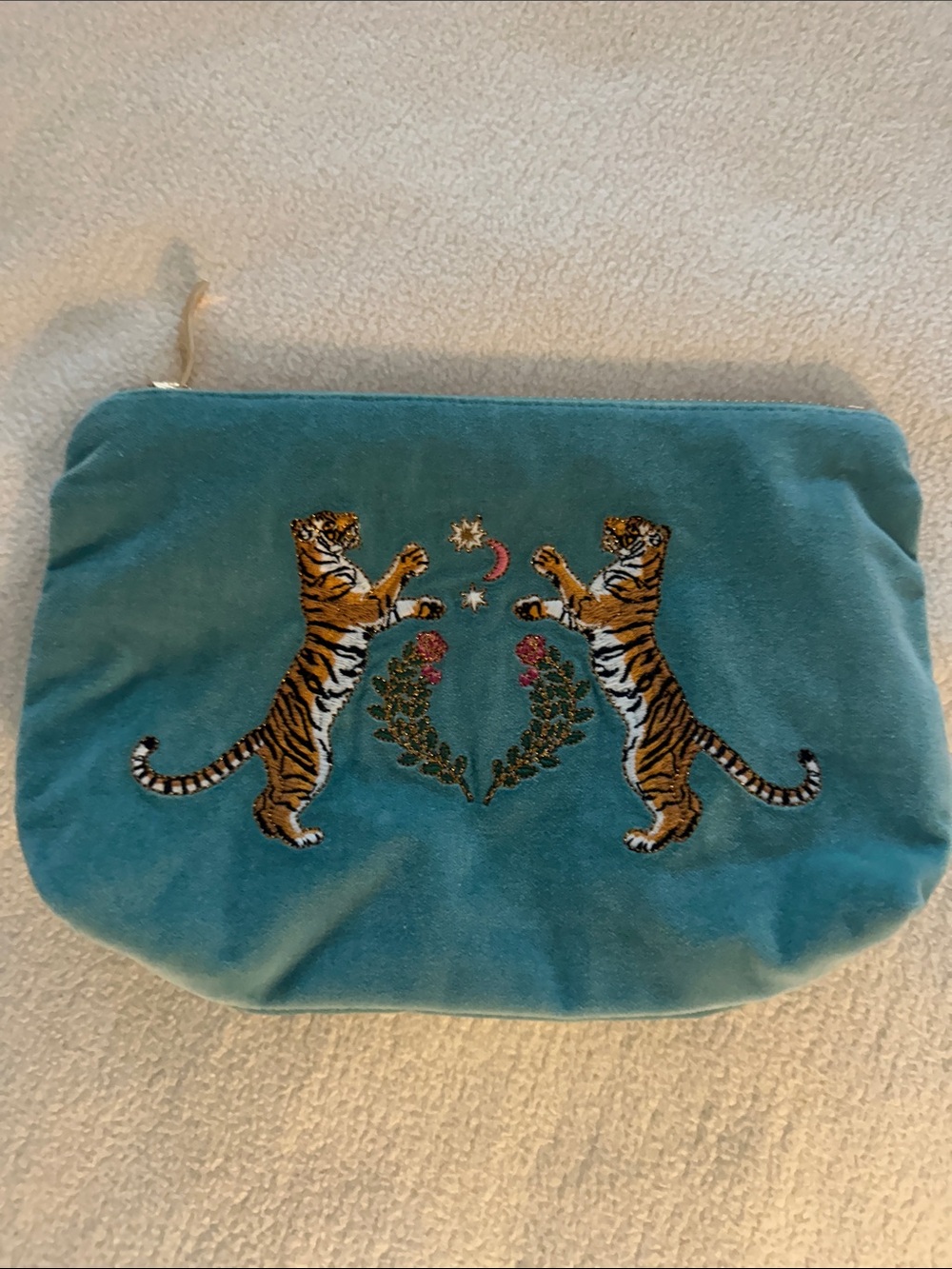 Elizabeth Scarlett Embroidered Tiger Velvet Cosmetic Pouch - Teal